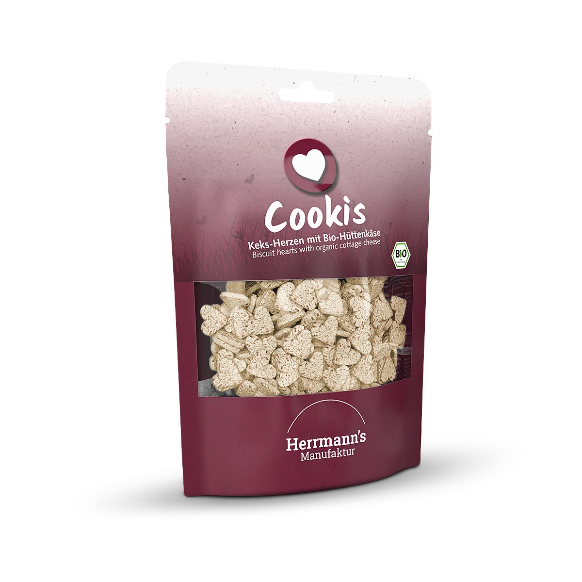 3fdadc5ba0cd805896cc9644cdbb37246fa81013_2023_03_herrmanns_wf_c_cookis_snack_herzen_100g_1000x1000_pdp Herrmann's priboljški za pse Cookis - BIO sirovi srčki - slika 1