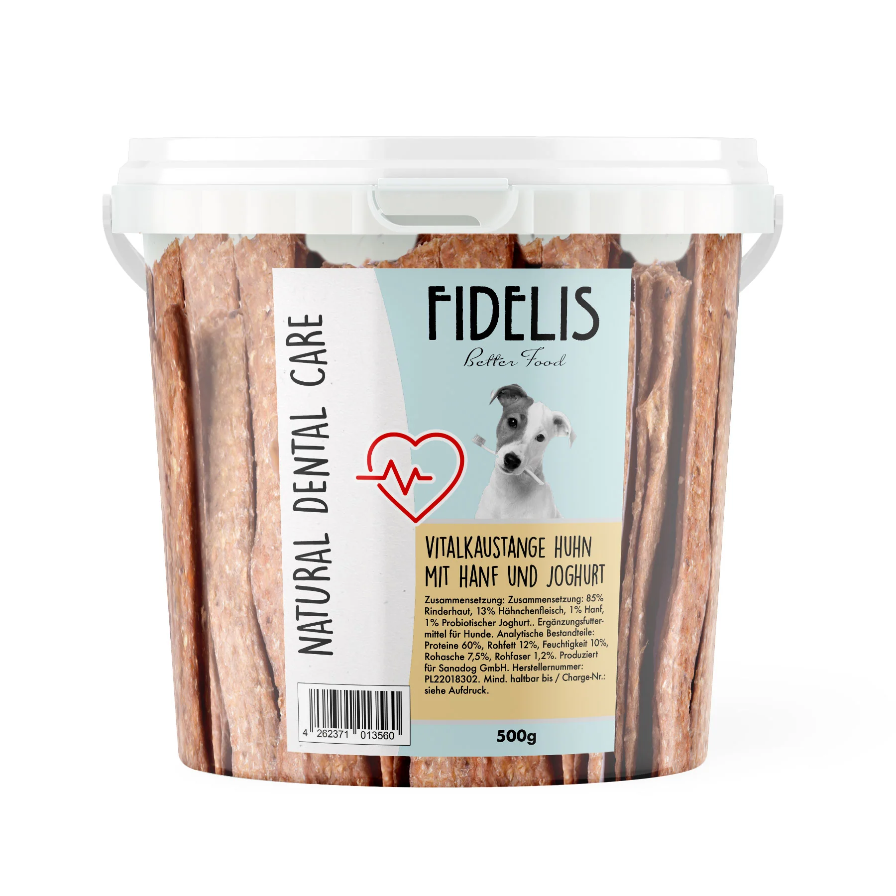 mockup-fidelis-eimer-vital-huhn-2 Dentalne žvečilke z govedino, piščancem, konopljo in jogurtom 500g - slika 1